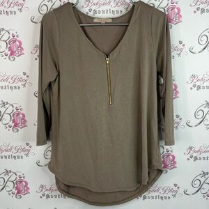 Casual couture Green Envelope casual couture zip up Taupe V-Neck Zipper Blouse